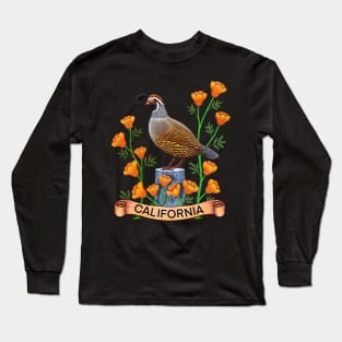 California quail state bird Californian poppy flowers Long Sleeve T-Shirt